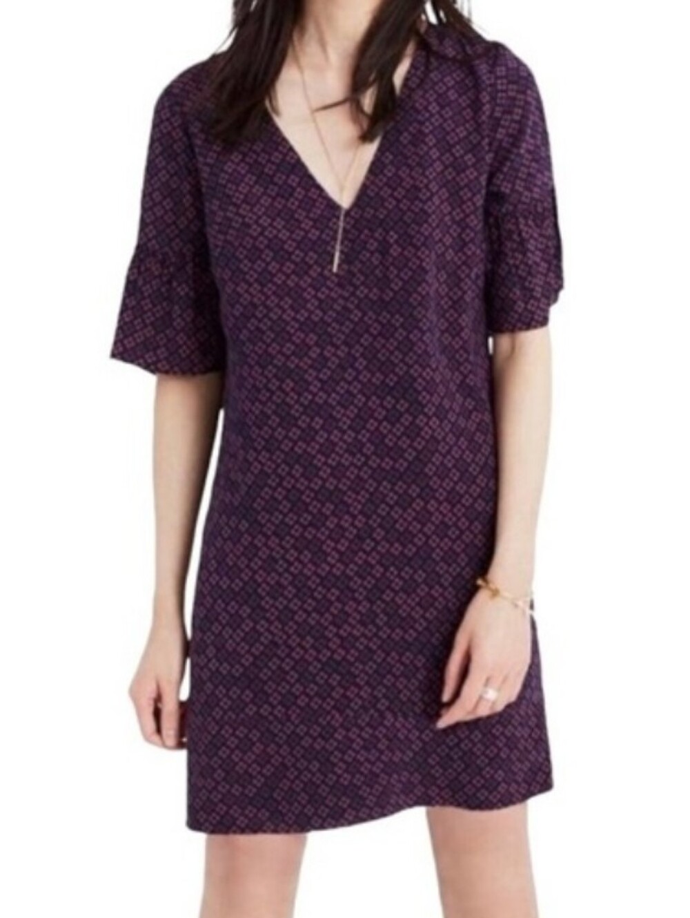 NWT Madewell Navy Patterned V-Neck Dress, Size 12